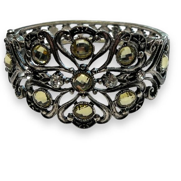 Womens Cuff Bracelet Jeweled Hinged Rhinestone Silver Green Fashion Statement - Picture 3 of 13